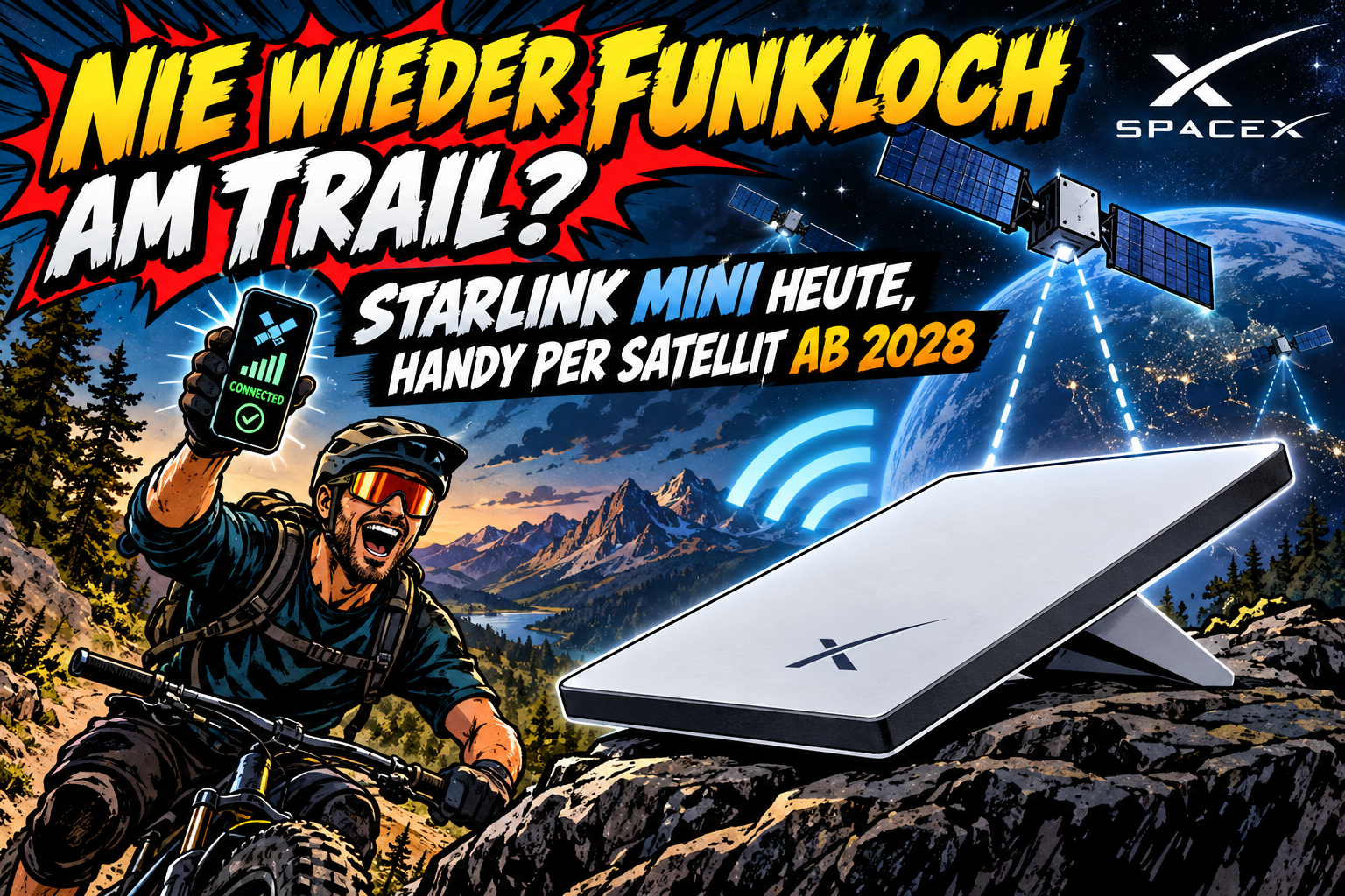 Nie wieder Funkloch am Trail Starlink Mini heute, Handy per Satellit ab